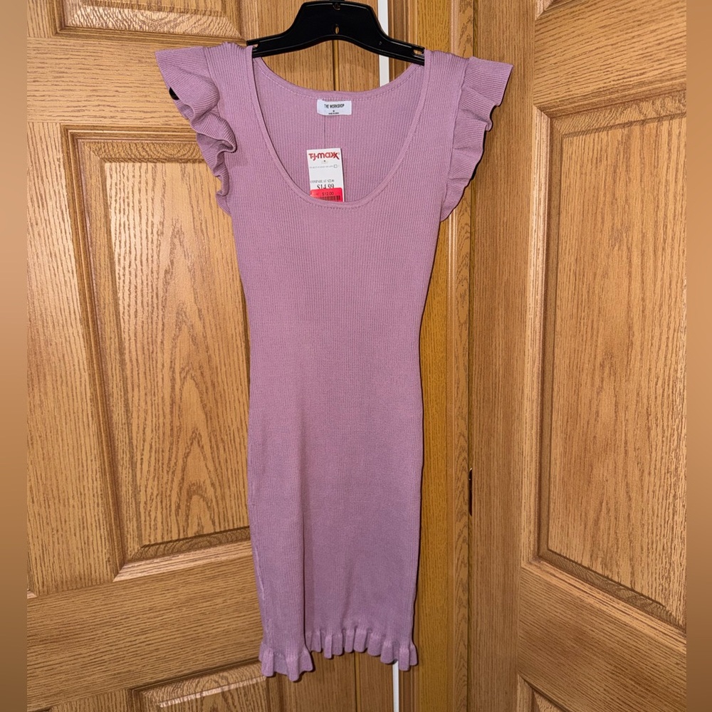 The Workshop ribbed form fitting purple ruffle dress